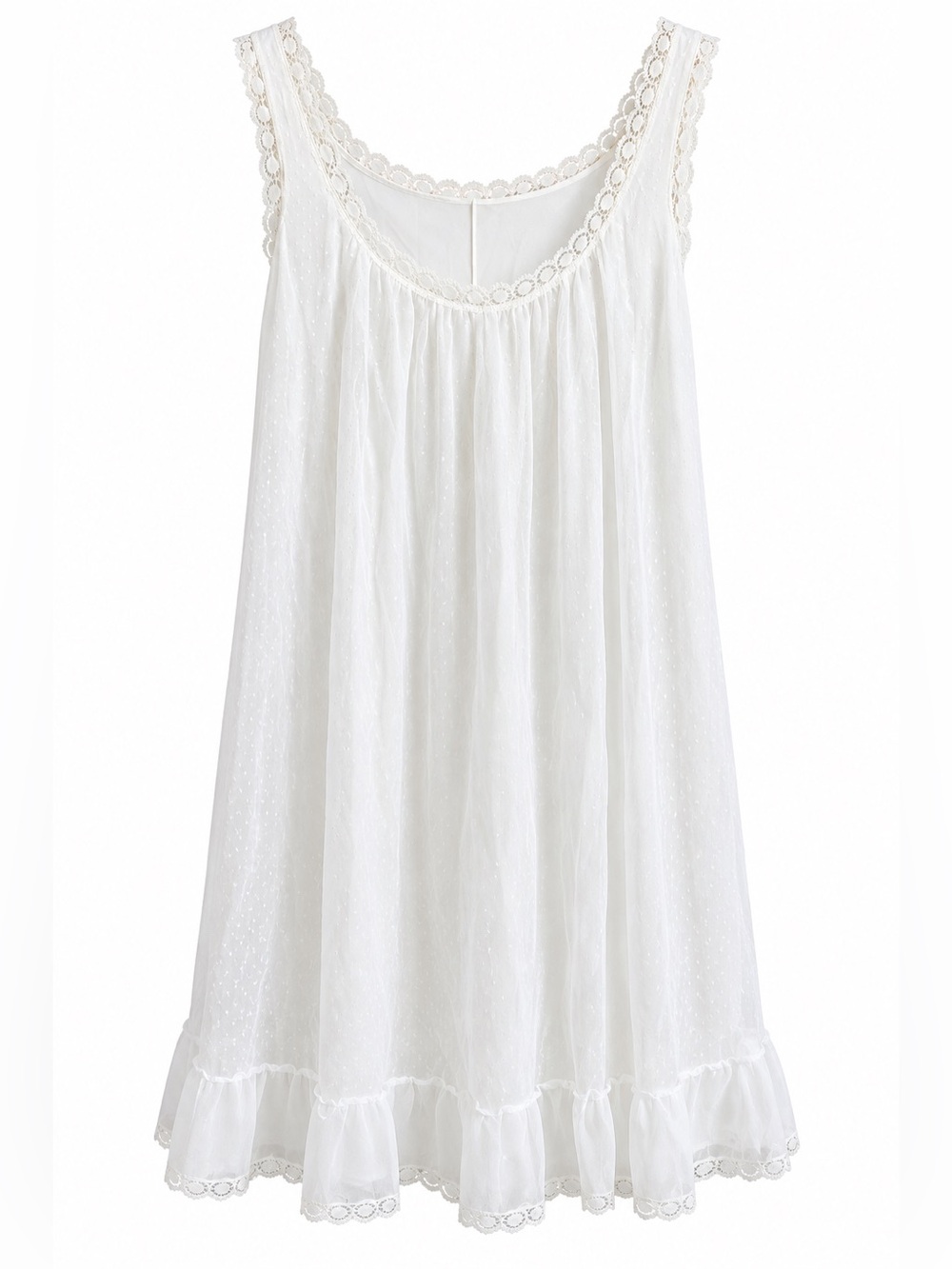Vintage Swiss Dot Lace Trim Semi-Sheer Lined Nightgown Dress Size L (Unlabeled)